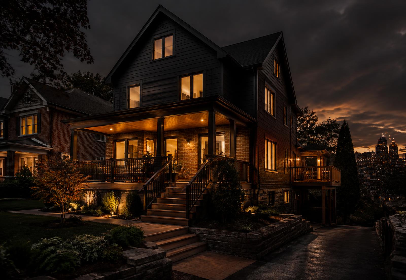 Renovated home at dusk